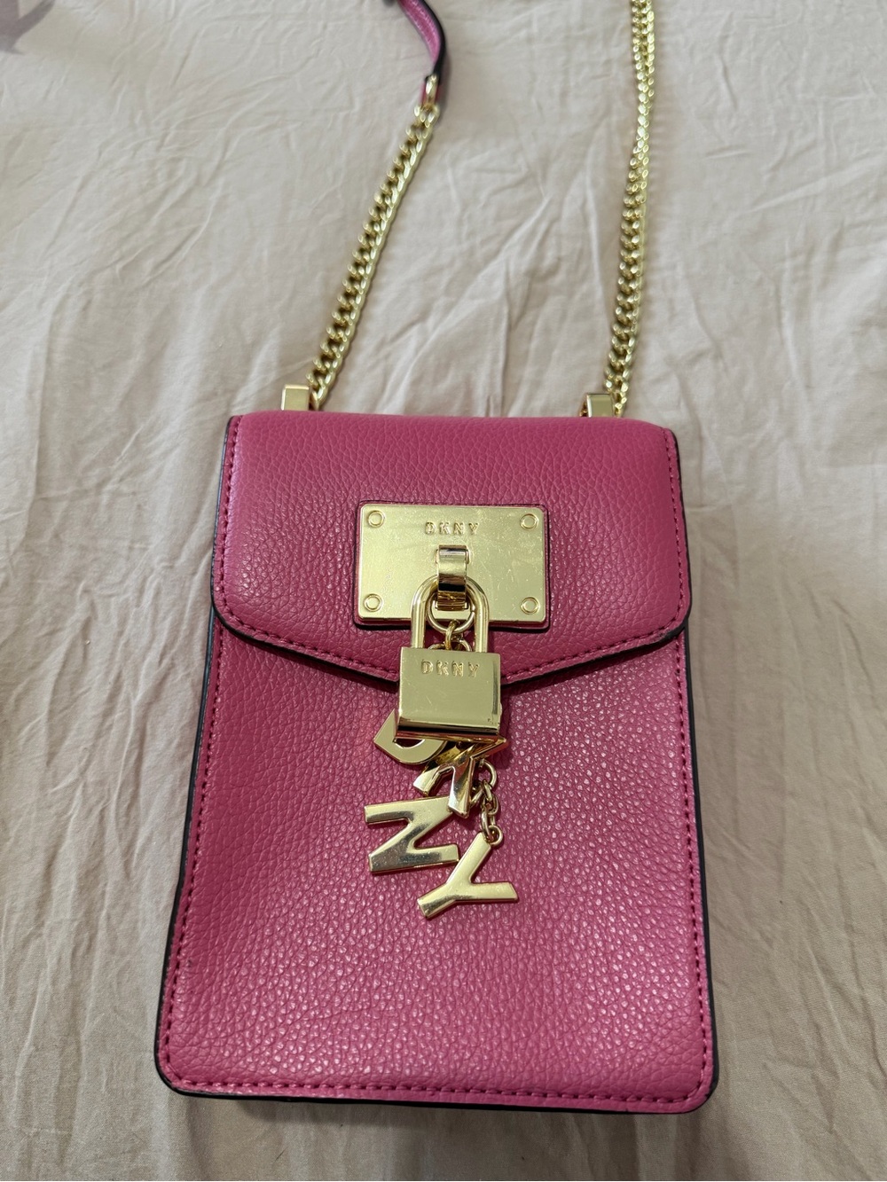 DKNY Hot Pink Pebbled Leather Crossbody with Gold Hardware